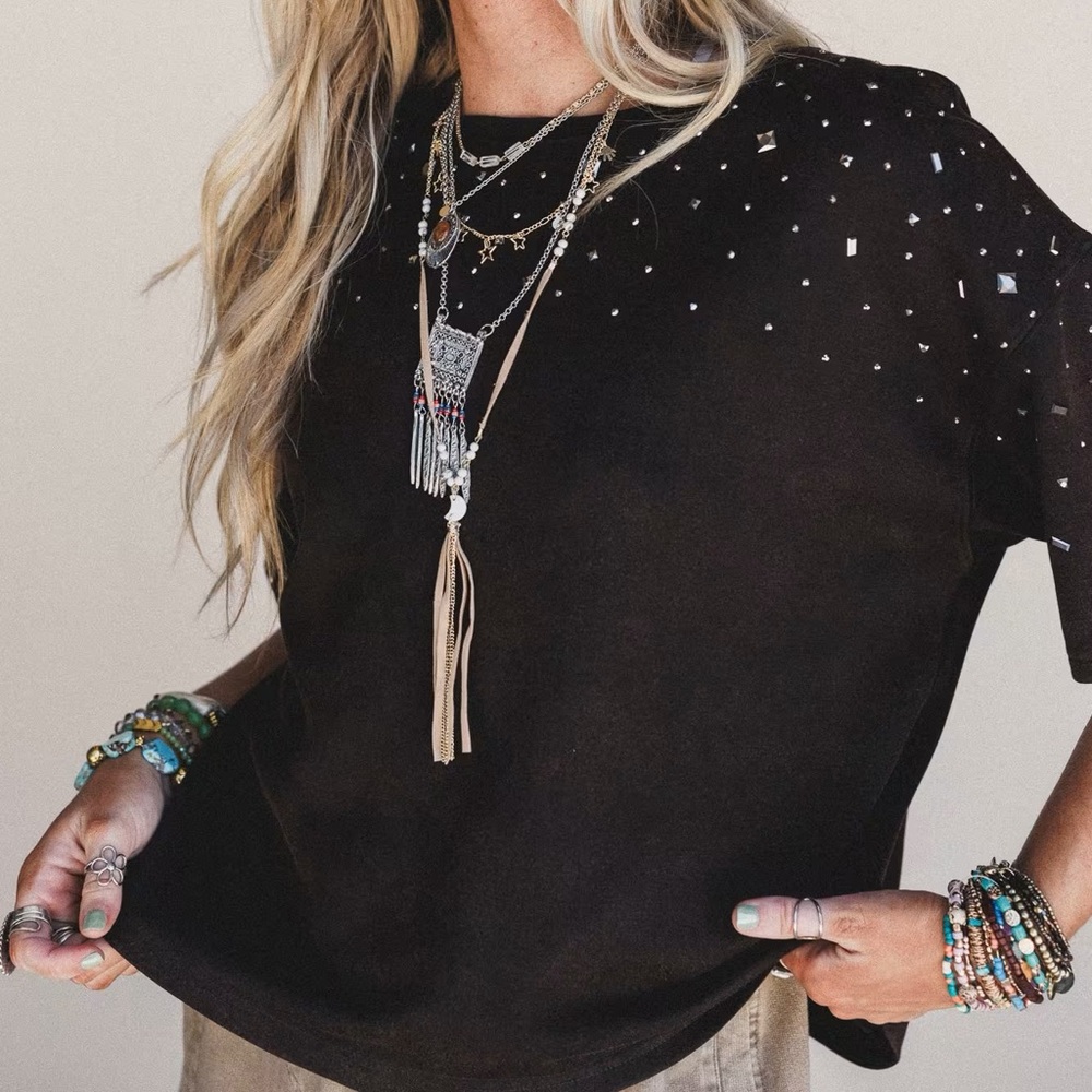THREE BIRDS NEST Black Short Sleeve Top with Studded Detail
